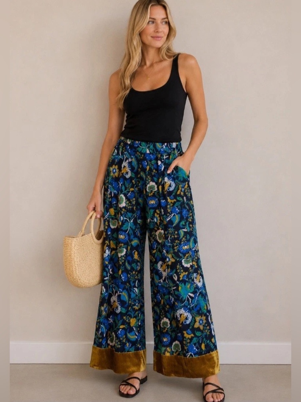 Anthropologie M Blue Floral Wide Leg Pants Gold Velvet Trim Boho Palazzo Holiday